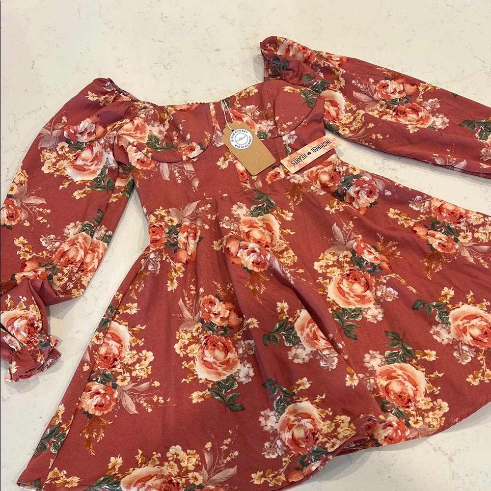 Inspired Hearts Floral Long-Sleeve Dress in Red and Pink